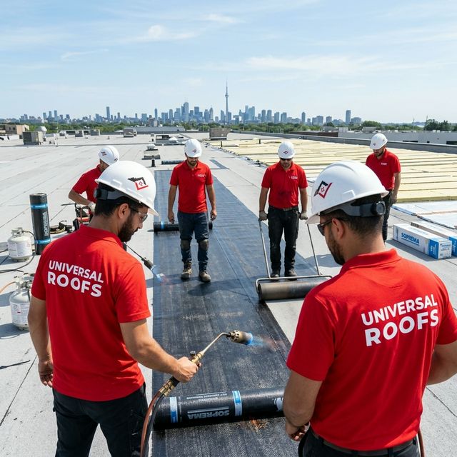 Universal Roofs crew installing SOPREMA flat roof membrane in Toronto