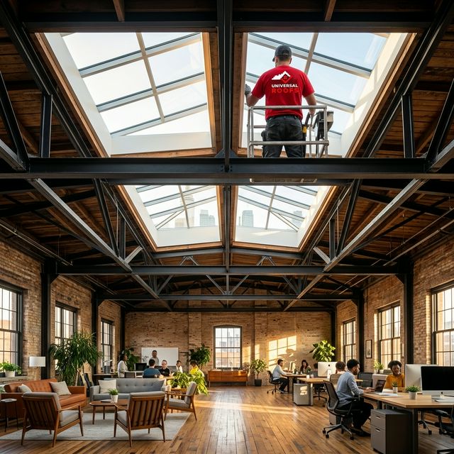 Universal Roofs worker on lift installing warehouse skylights