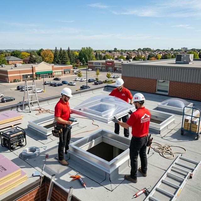 Universal Roofs workers installing dome skylight on commercial flat roof