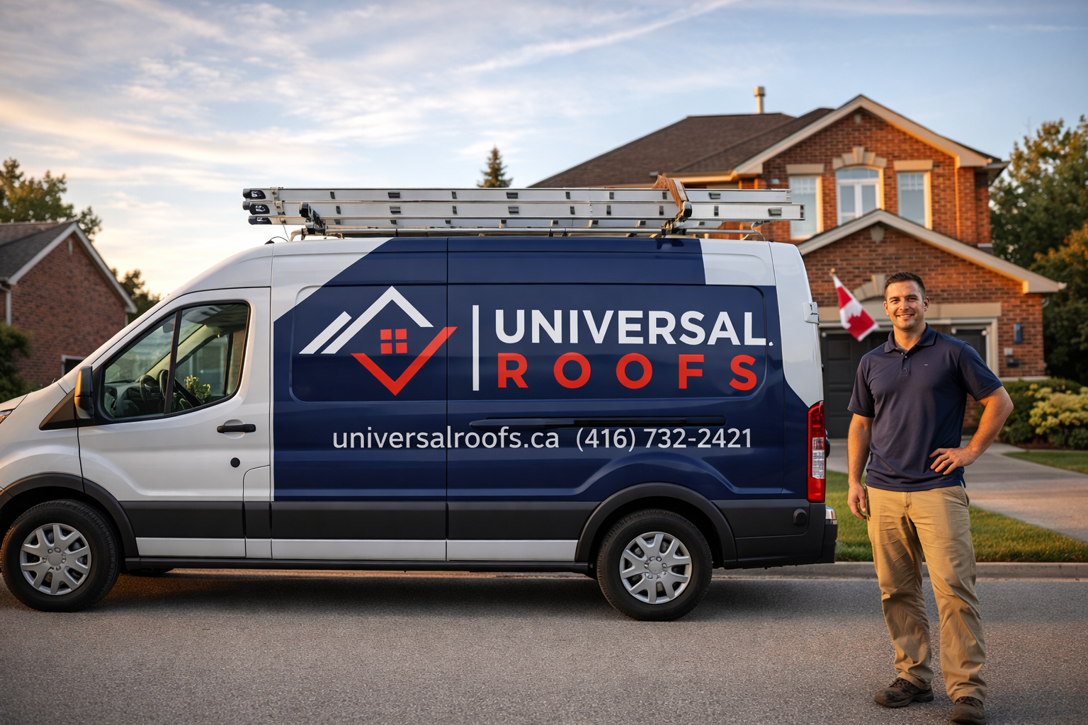 Universal Roofs service van with team