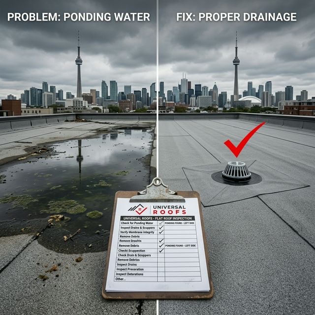 Ponding water problem vs proper drainage comparison with Universal Roofs checklist