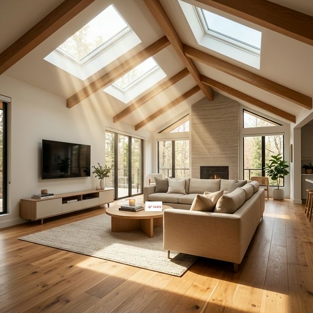 Modern Toronto living room flooded with natural light from VELUX skylights installed by Universal Roofs