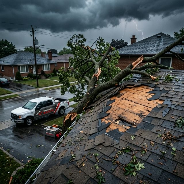 Tree damage on Toronto roof with Universal Roofs emergency response truck
