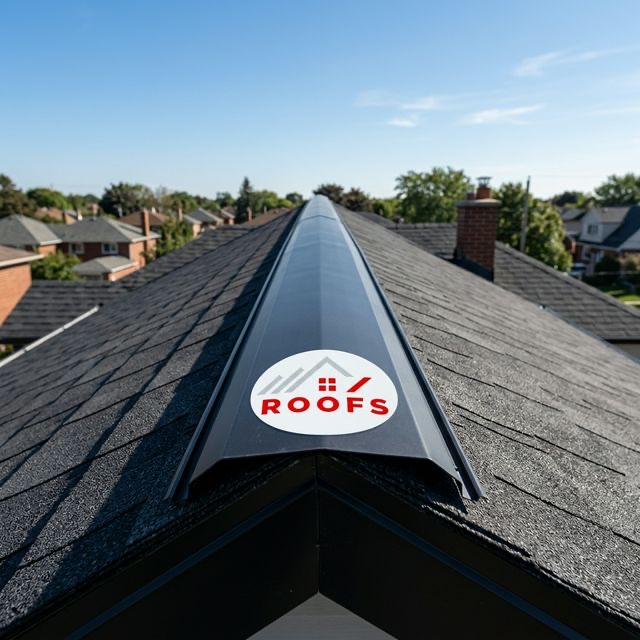 New continuous ridge vent with Universal Roofs branded sticker on Toronto home