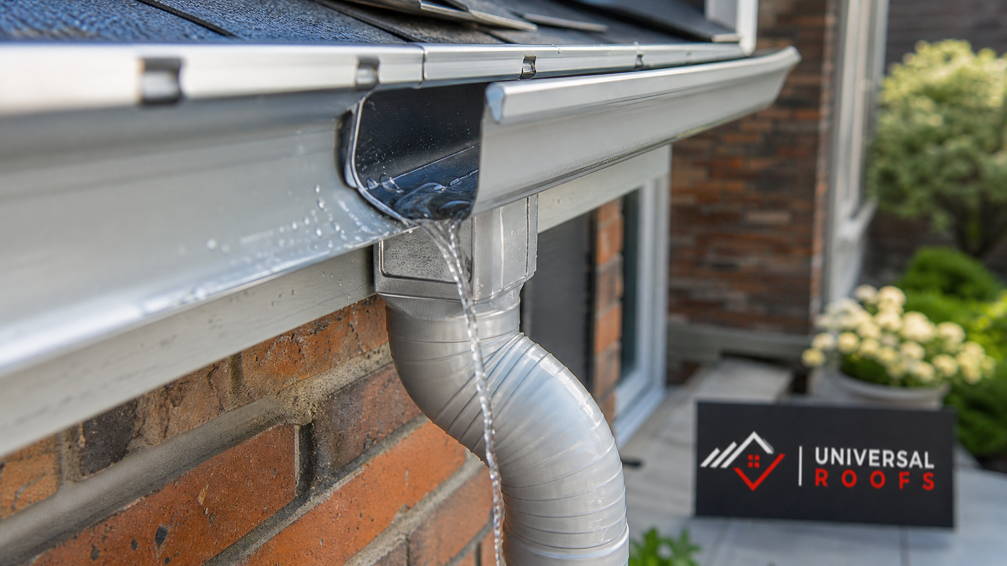 Close-up of a clean aluminum eavestrough section and downspout outlet on a Toronto home in summer