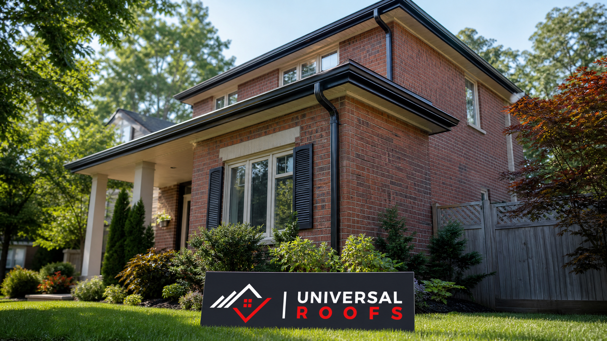 Wide view of a Toronto two-storey home's eavestrough system along the roofline in summer daylight
