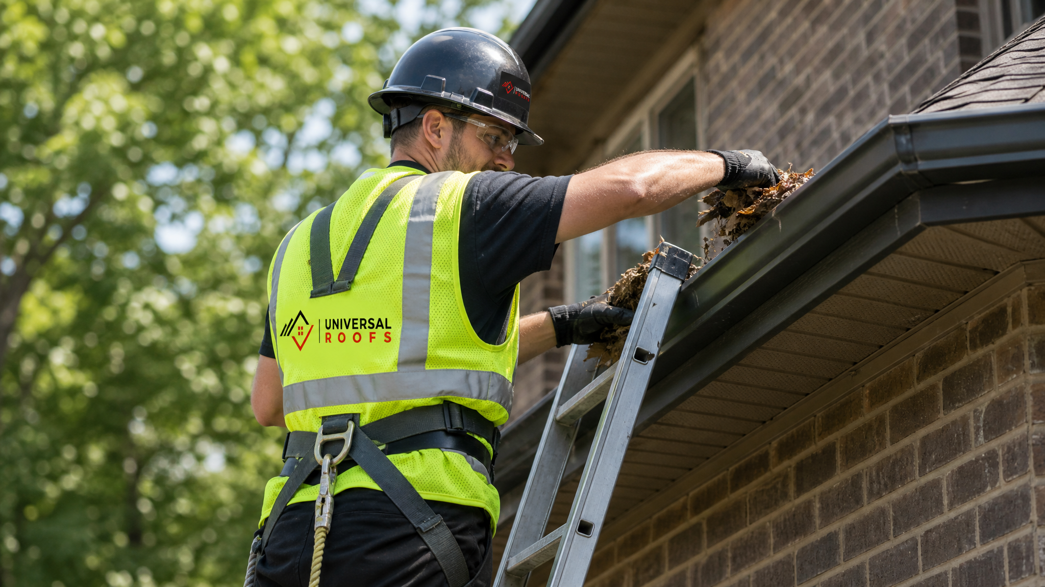Roofing technician in full safety PPE and fall-protection harness clearing debris from a Toronto home's eavestrough