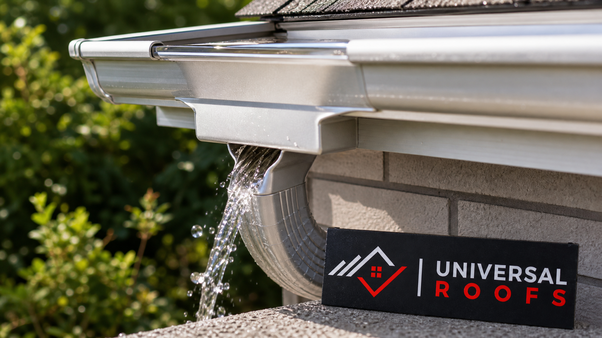 Close-up of a clean aluminum eavestrough section and downspout outlet with clear water flowing through it, small Universal Roofs sign placard nearby