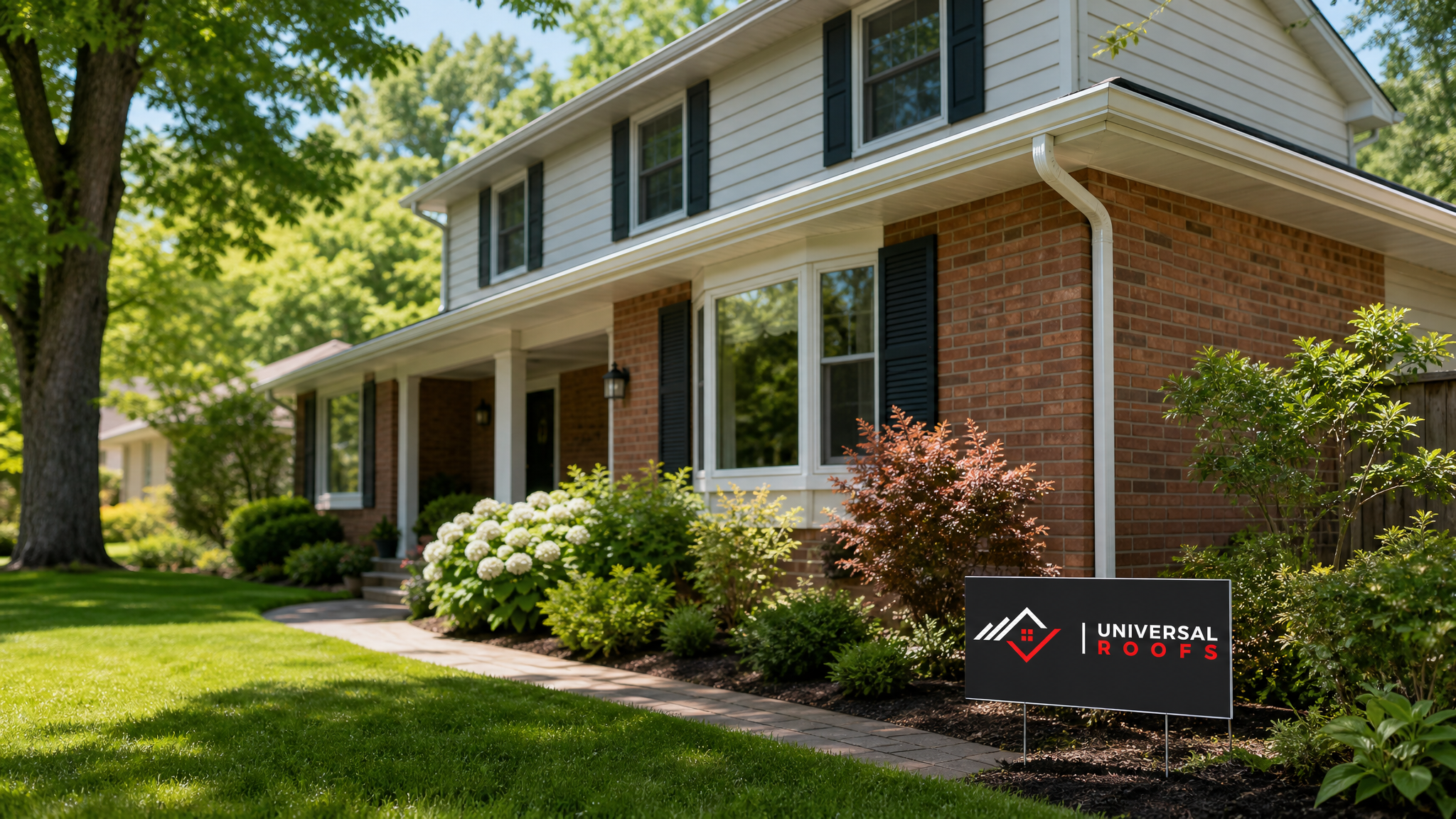 Wide view of a two-storey Toronto home with clean eavestroughs running along the roofline on a bright summer day