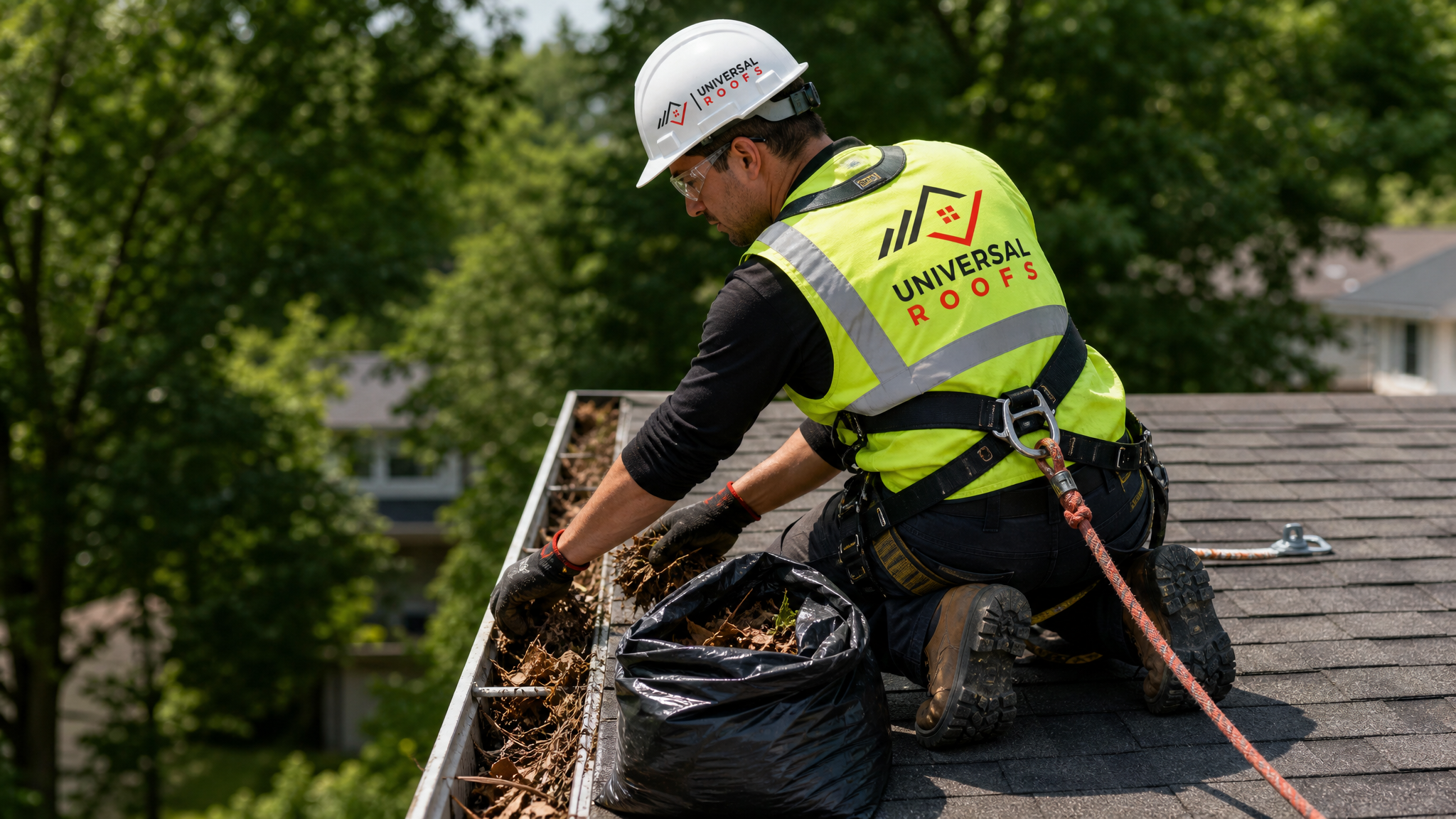 Roofing technician in hard hat, hi-vis vest, safety glasses, gloves and fall-protection harness clearing debris from an eavestrough on a Toronto rooftop