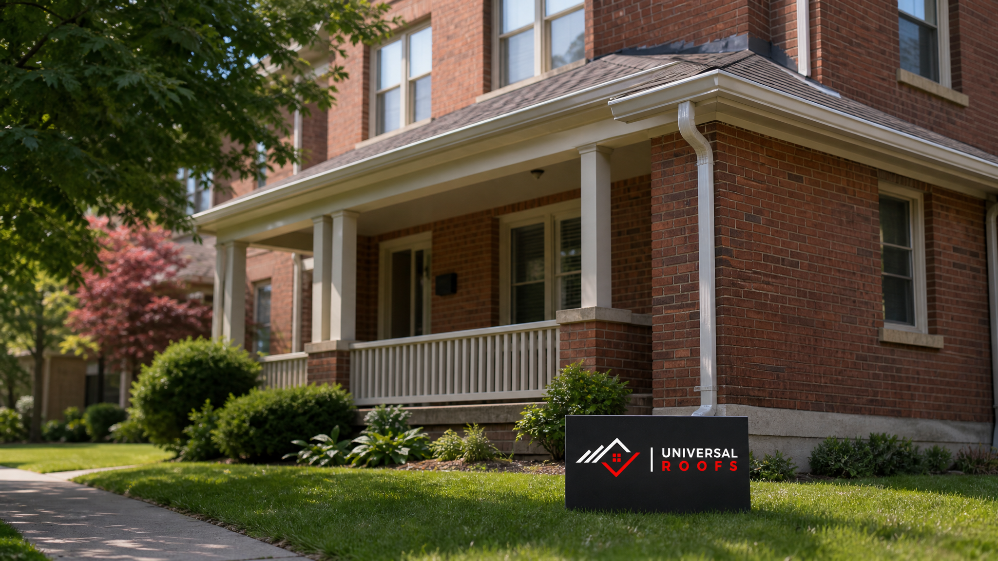 Wide view of a Toronto two-storey home with new aluminium eavestroughs along the roofline on a bright summer day