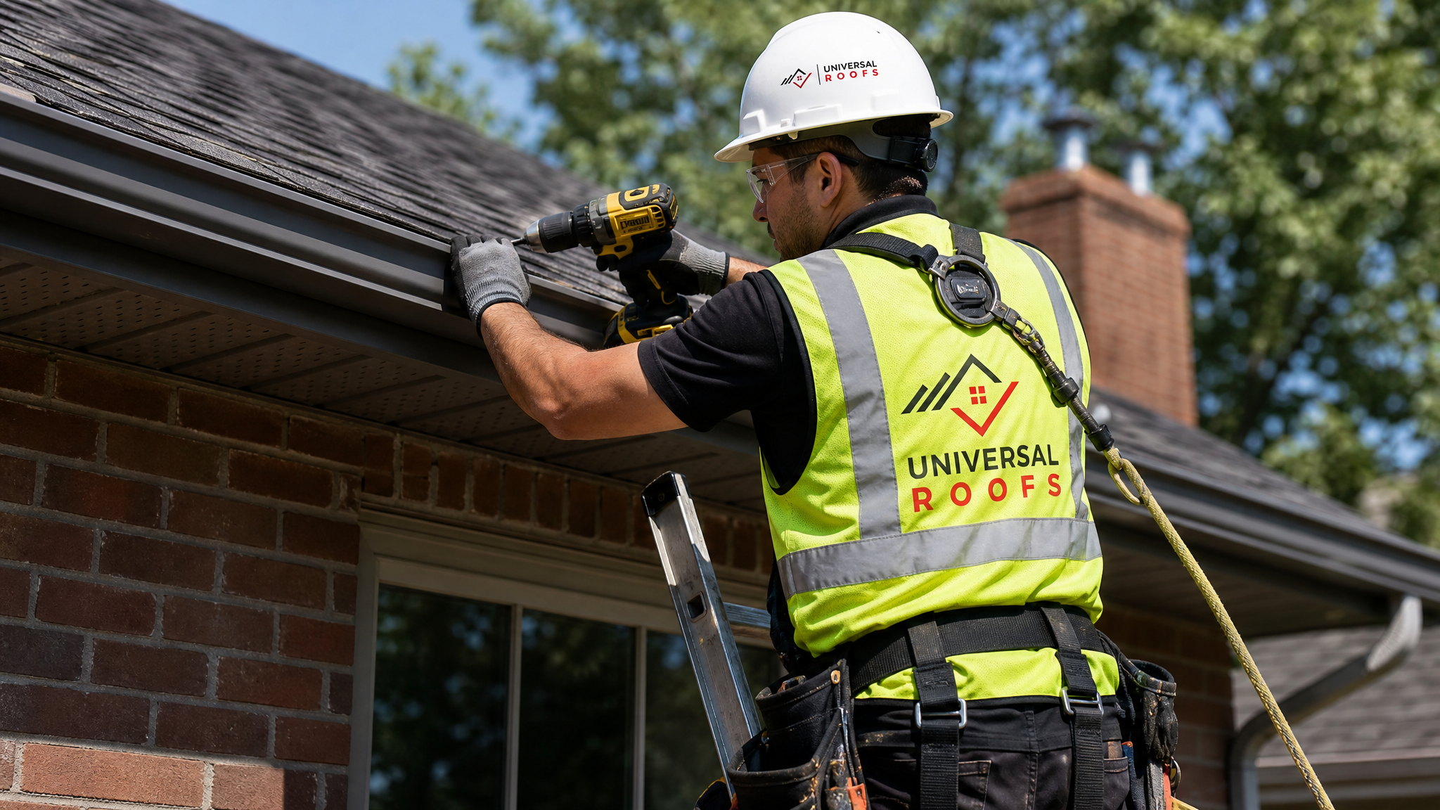 Roofing technician in full safety gear installing a seamless aluminium gutter along the fascia of a Toronto home