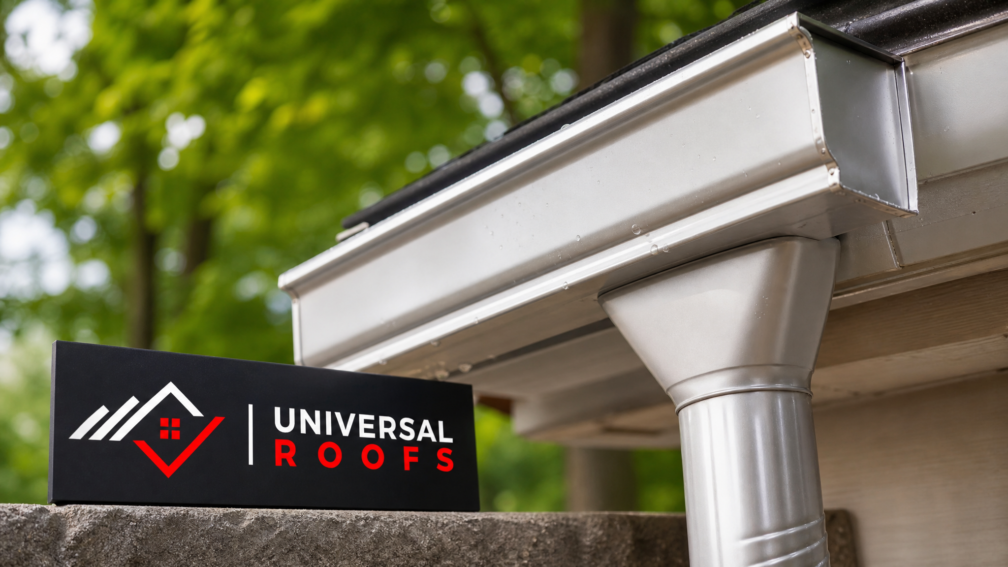 Close-up of a clean aluminum eavestrough and downspout outlet with a small Universal Roofs sign placard nearby