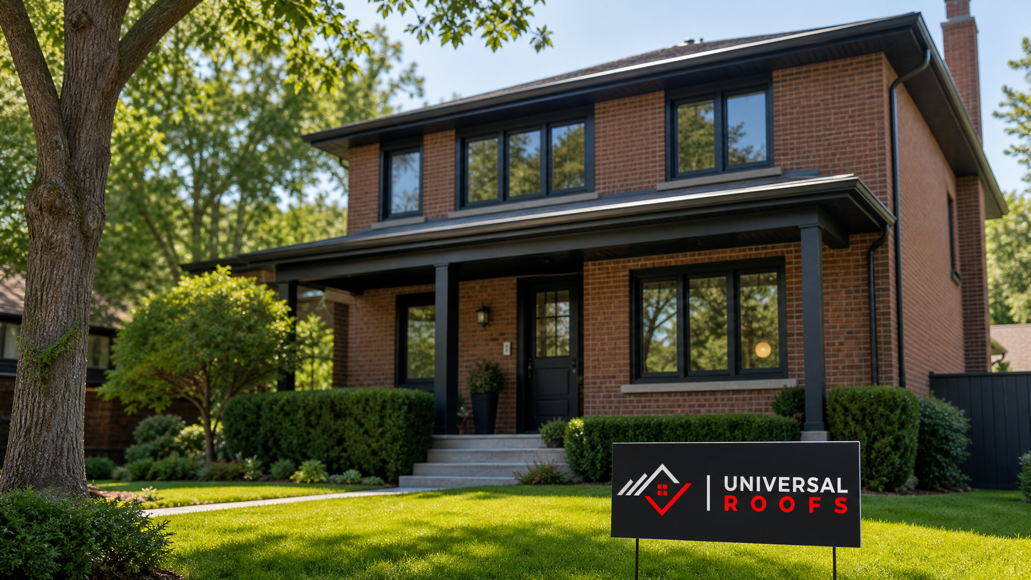 A tidy Toronto home exterior with clean eavestroughs and a small Universal Roofs sign placard on the lawn in summer daylight