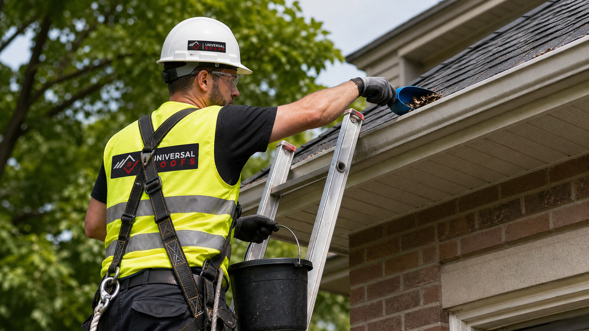 A tradesperson in full safety PPE with a harness cleaning an eavestrough on a Toronto home using a gutter scoop