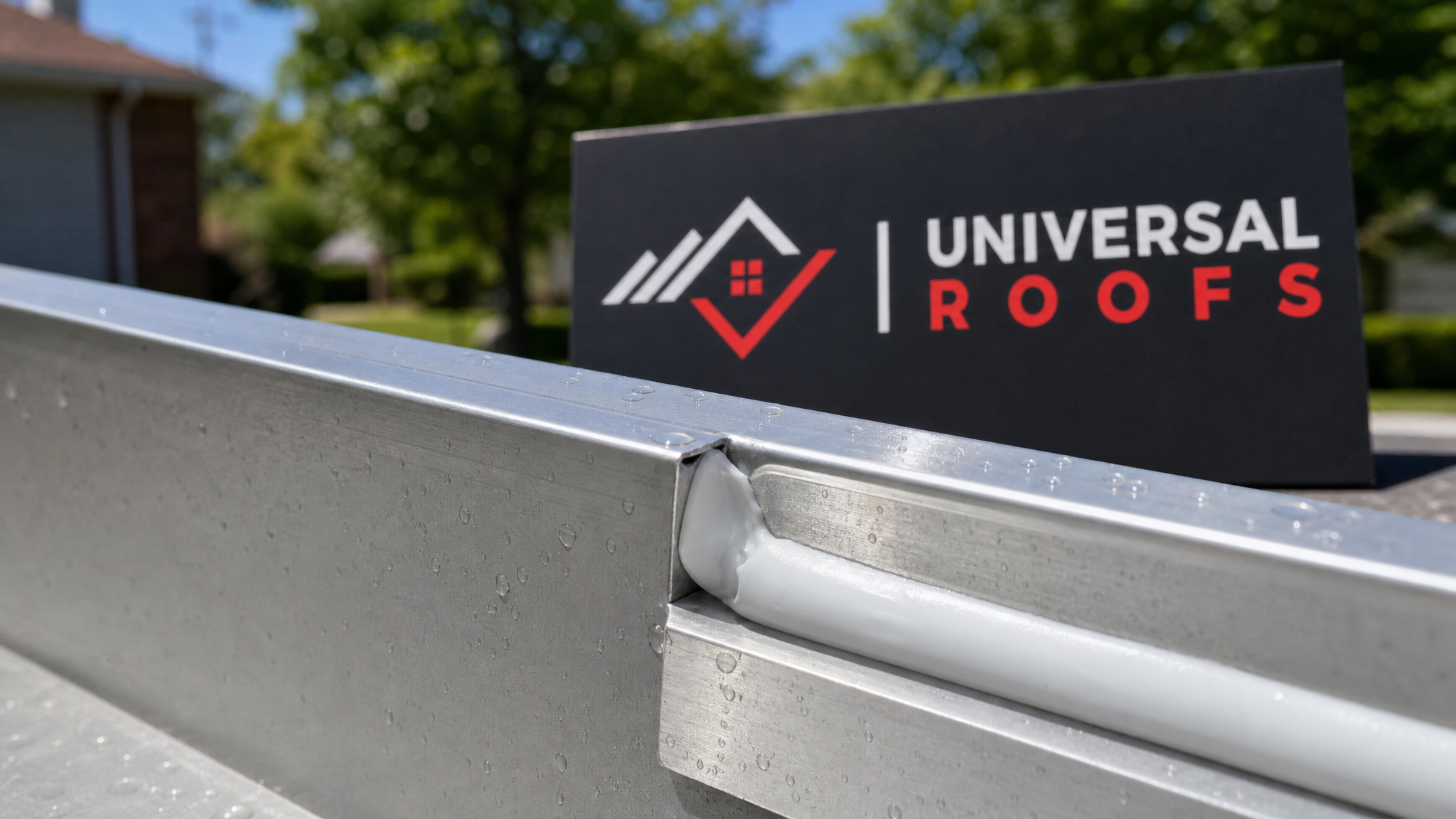 Close-up of a freshly tooled bead of gutter sealant sealing an aluminum eavestrough end cap, with a small Universal Roofs sign placard in the background
