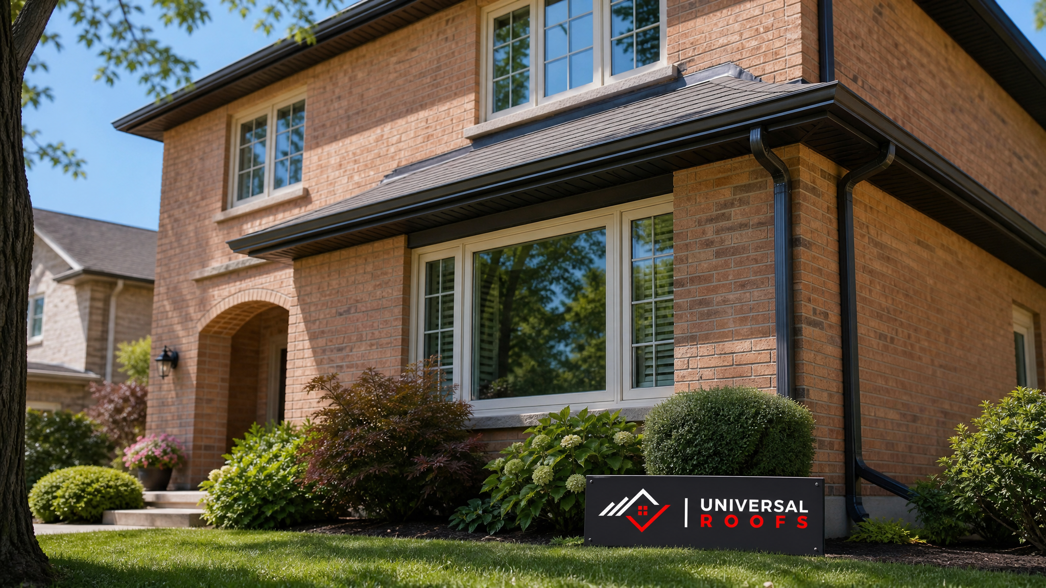 Seamless aluminum eavestrough along the edge of a Toronto brick home in summer daylight, with a small Universal Roofs sign placard on the lawn below