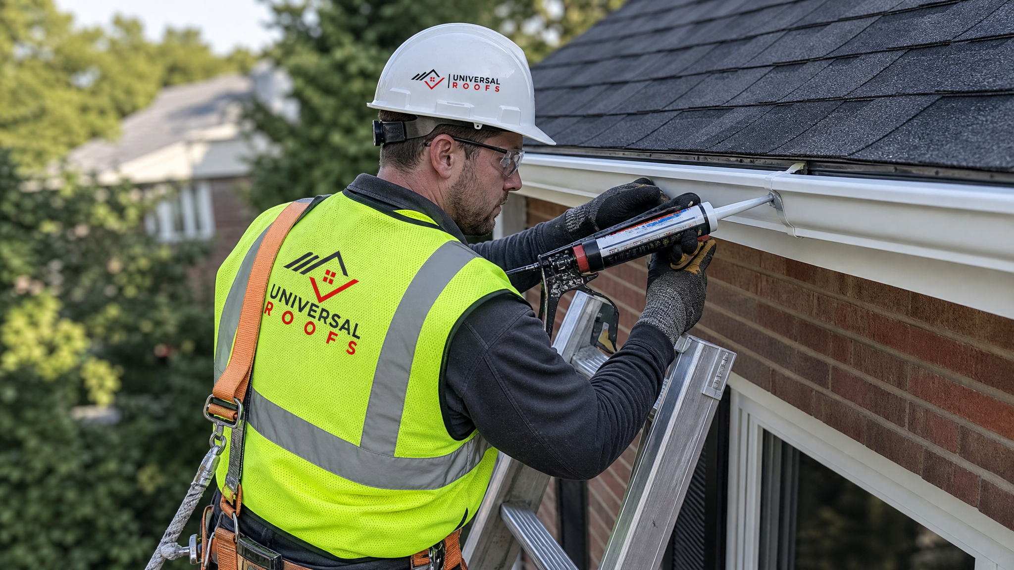 Roofing tradesperson in hard hat, hi-vis vest, safety glasses and gloves applying gutter sealant to an eavestrough corner while secured with a fall-protection harness