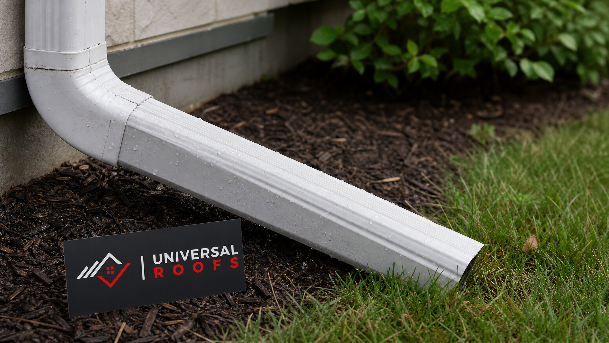 Close-up of an aluminum downspout gutter extension connection sloped away from a home's foundation on a summer day