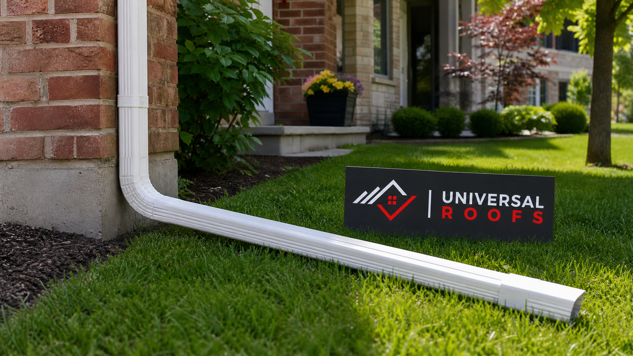 A Toronto detached home with a downspout gutter extension directing rainwater away from the foundation across a green summer lawn