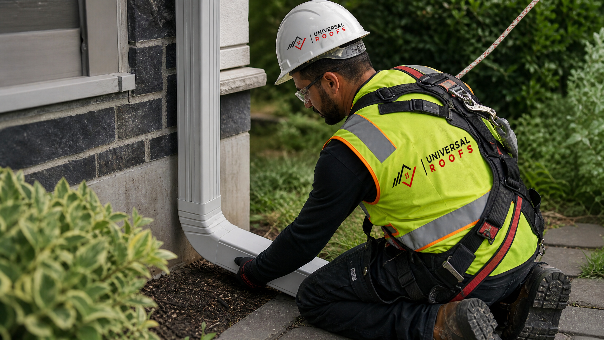 A roofing technician in full safety PPE installing a downspout gutter extension along the side of a Toronto home