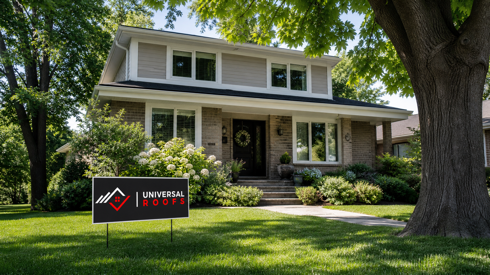 Wide view of a Toronto home's straight eavestrough line along the fascia in bright summer daylight with a small flat Universal Roofs sign placard on the front lawn