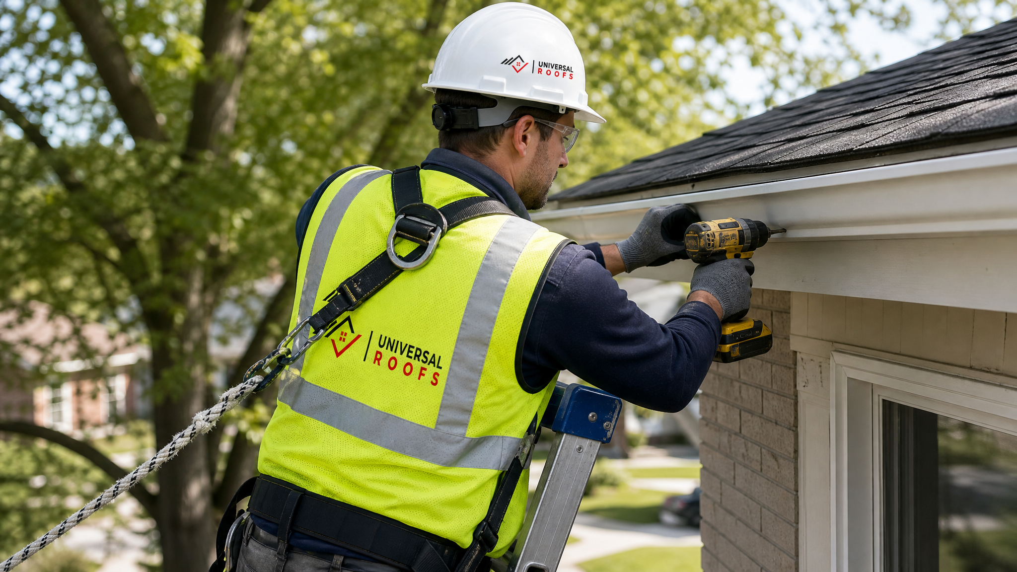 A tradesperson in full safety gear driving gutter screws into a fascia board from a ladder on a Toronto home