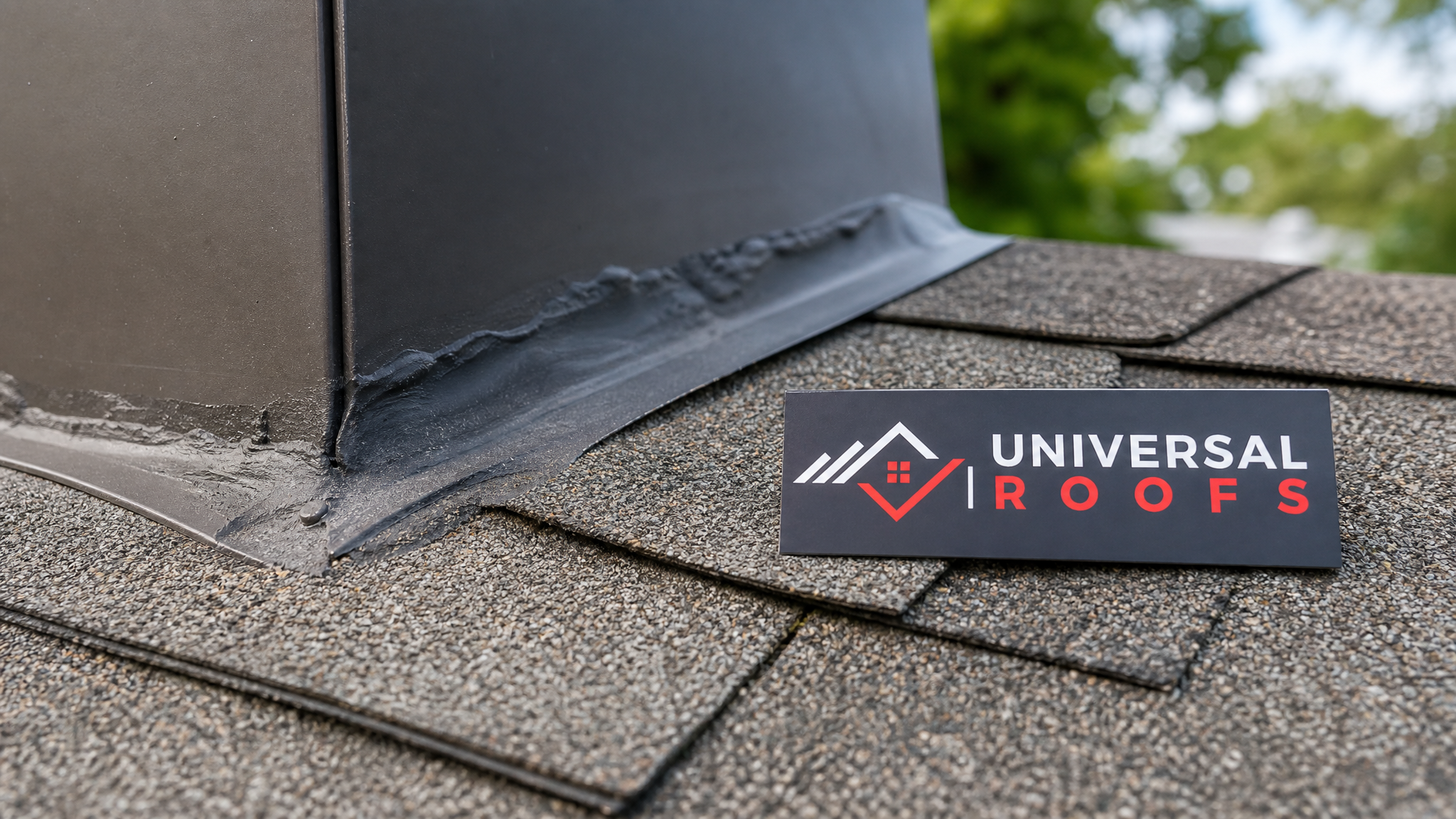 Close-up of asphalt shingle edges and chimney flashing being examined during a roof inspection with a small Universal Roofs sign placard nearby