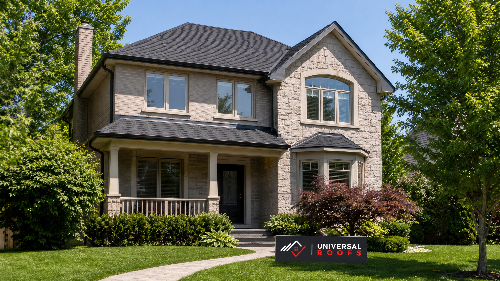 Wide view of a Toronto residential asphalt shingle roof under clear summer daylight with a small Universal Roofs sign placard on the lawn