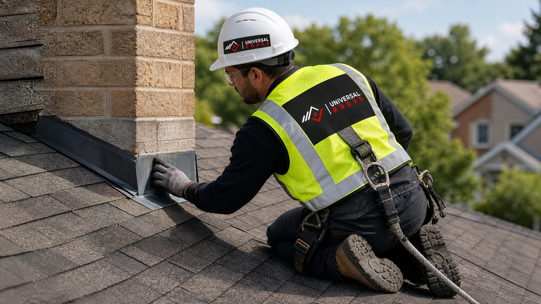 Roofing professional in hard hat, hi-vis vest, safety glasses, gloves and fall-protection harness inspecting shingles on a Toronto roof in summer