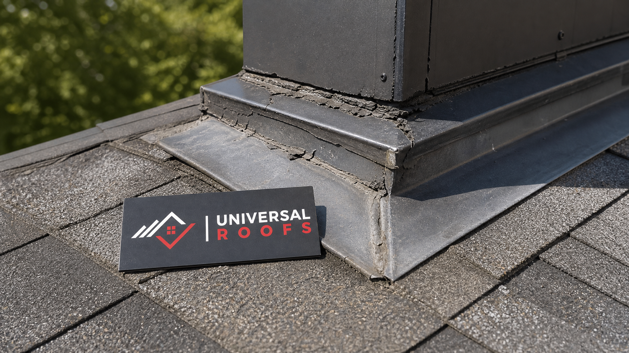 Close-up of aged asphalt shingles and chimney flashing captured during a drone roof inspection