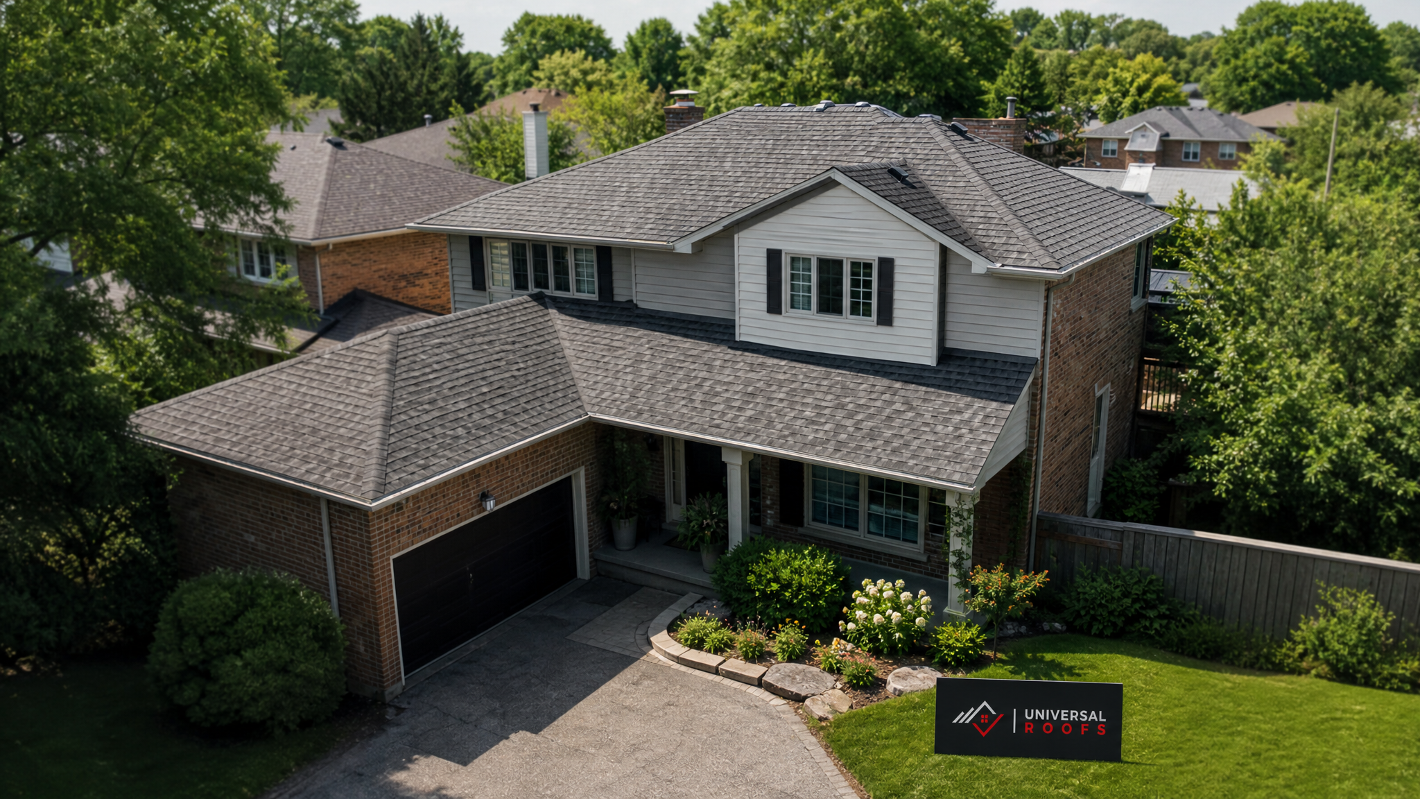 Aerial establishing view of a Toronto residential roof surveyed from above on a clear summer morning