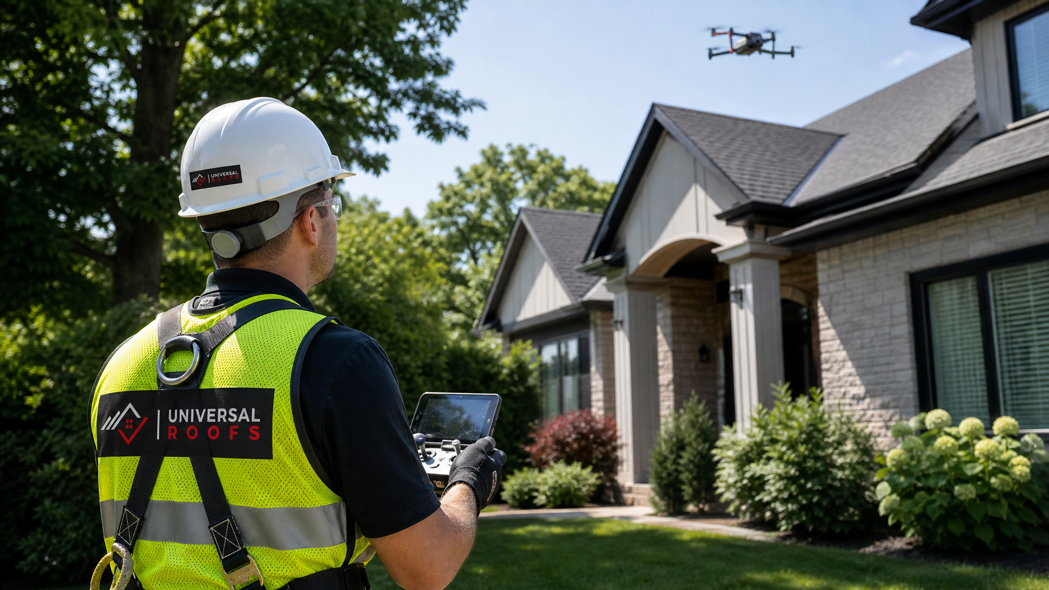 A roofing technician in full safety gear piloting an inspection drone above a suburban Toronto home