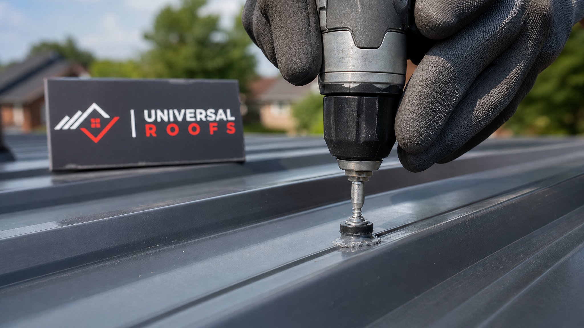 Close-up of an exposed metal roof fastener with a fresh rubber washer being sealed, with a small Universal Roofs sign placard in the background