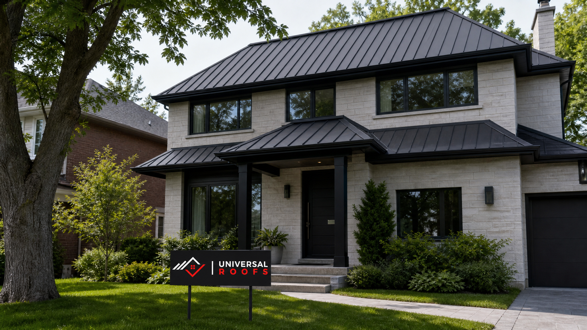 Wide establishing shot of a standing-seam metal roof on a two-storey Toronto home in bright summer daylight, clean panels and tight seams, with a small flat Universal Roofs sign placard resting on the front lawn