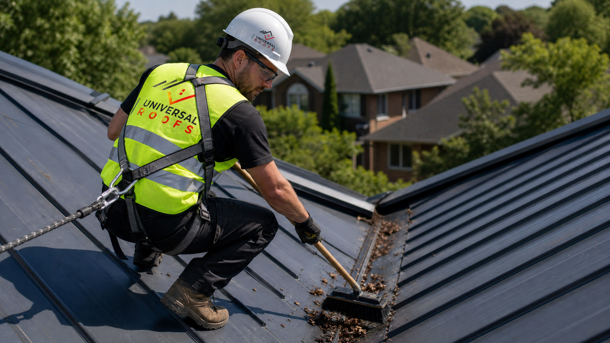 A roofer in full safety PPE with a fall-protection harness cleaning debris from the valley of a metal roof on a Toronto home in summer