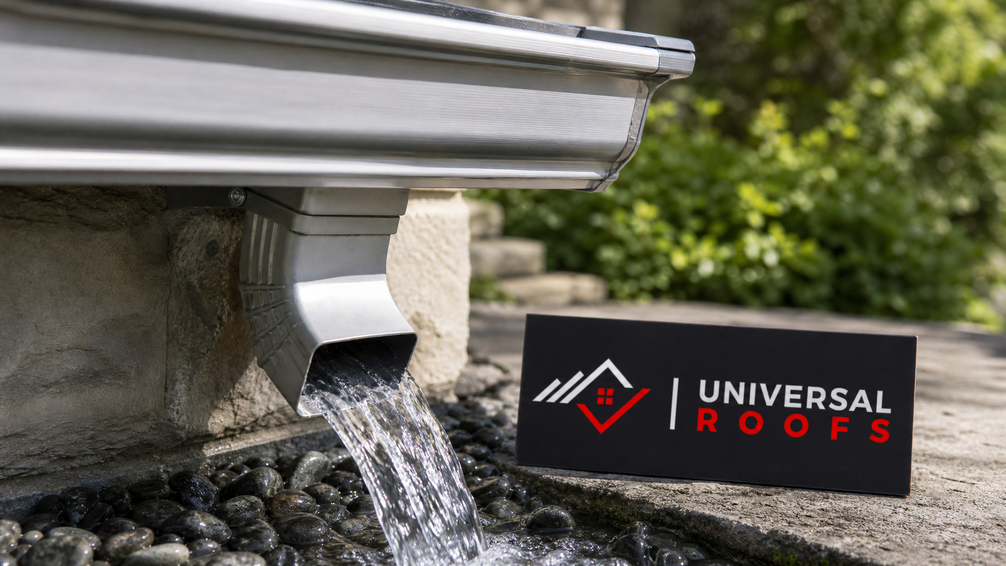 Close-up of a clean aluminum eavestrough section and downspout outlet on a Toronto home