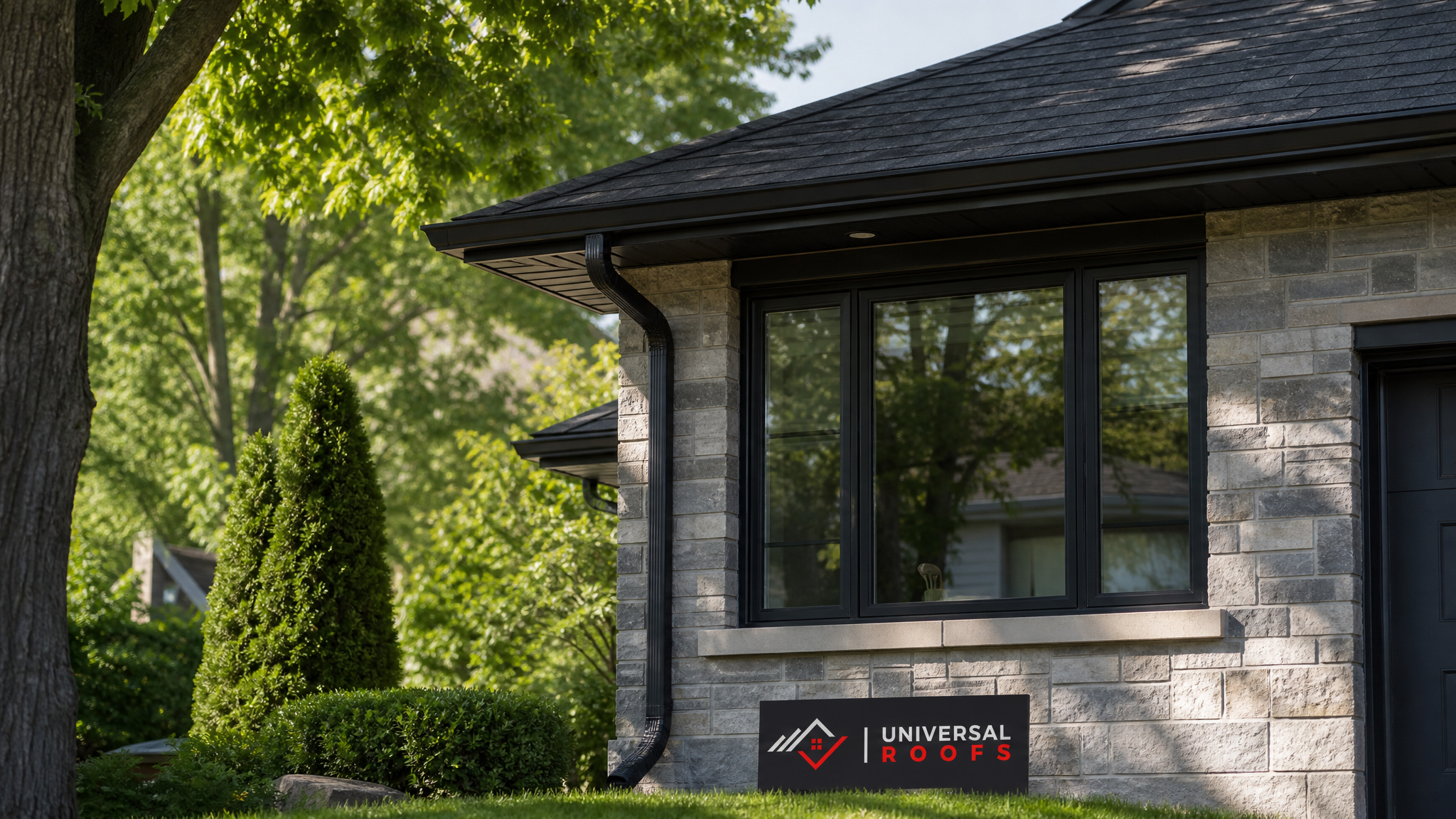Clean residential eavestrough along a Toronto home roofline on a bright summer day