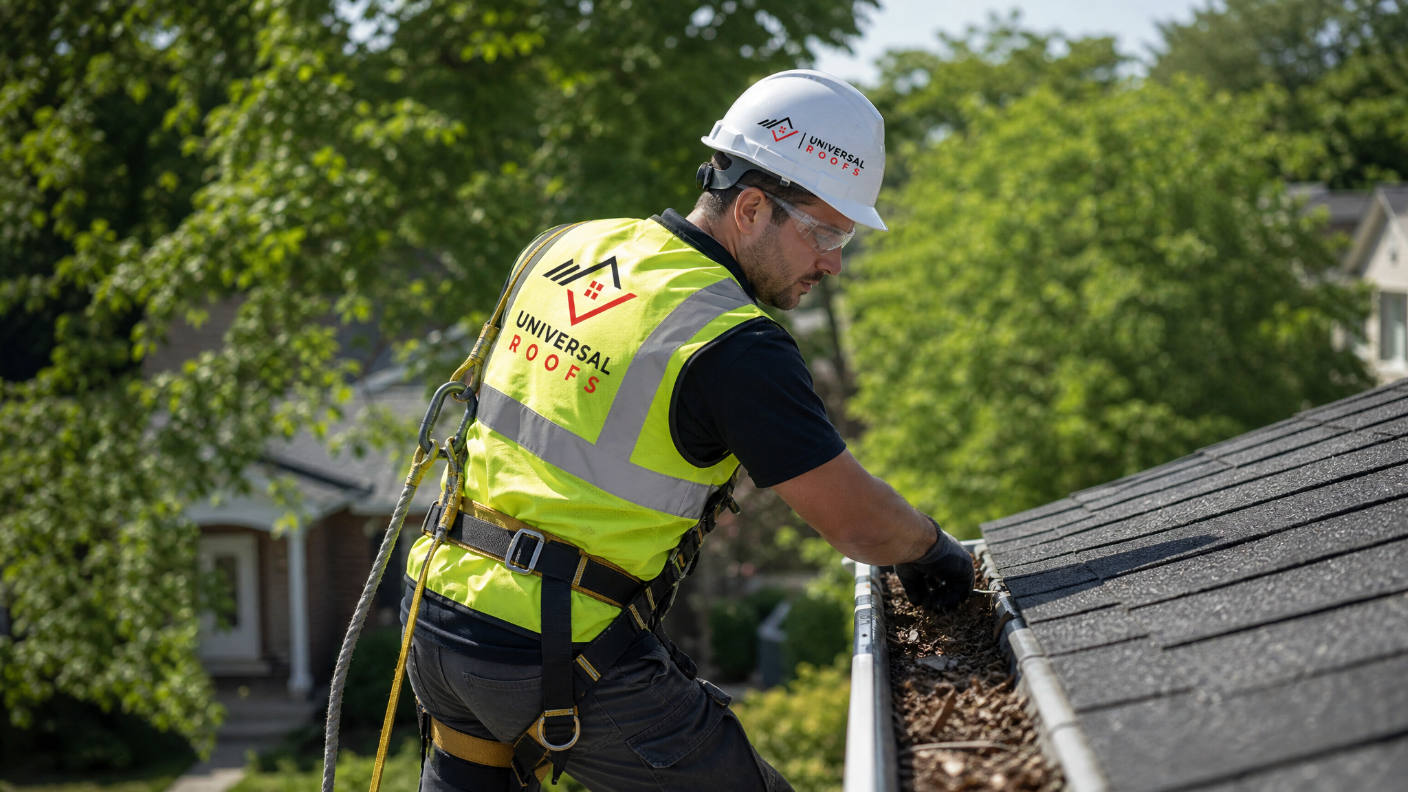 Roofing technician in full safety harness and PPE cleaning an eavestrough on a Toronto home