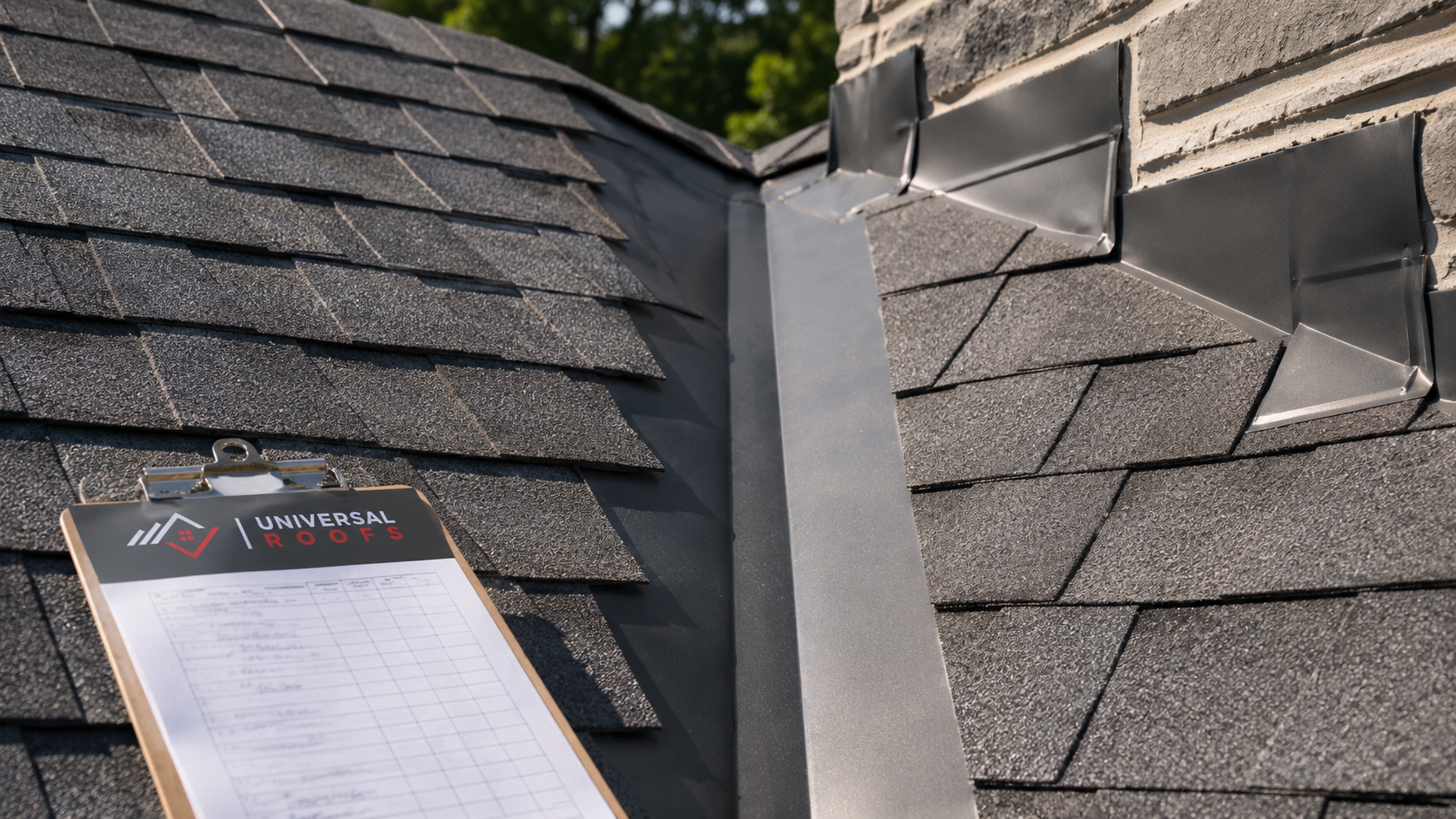 Close-up of new valley flashing and architectural shingle courses on a York Region roofing installation