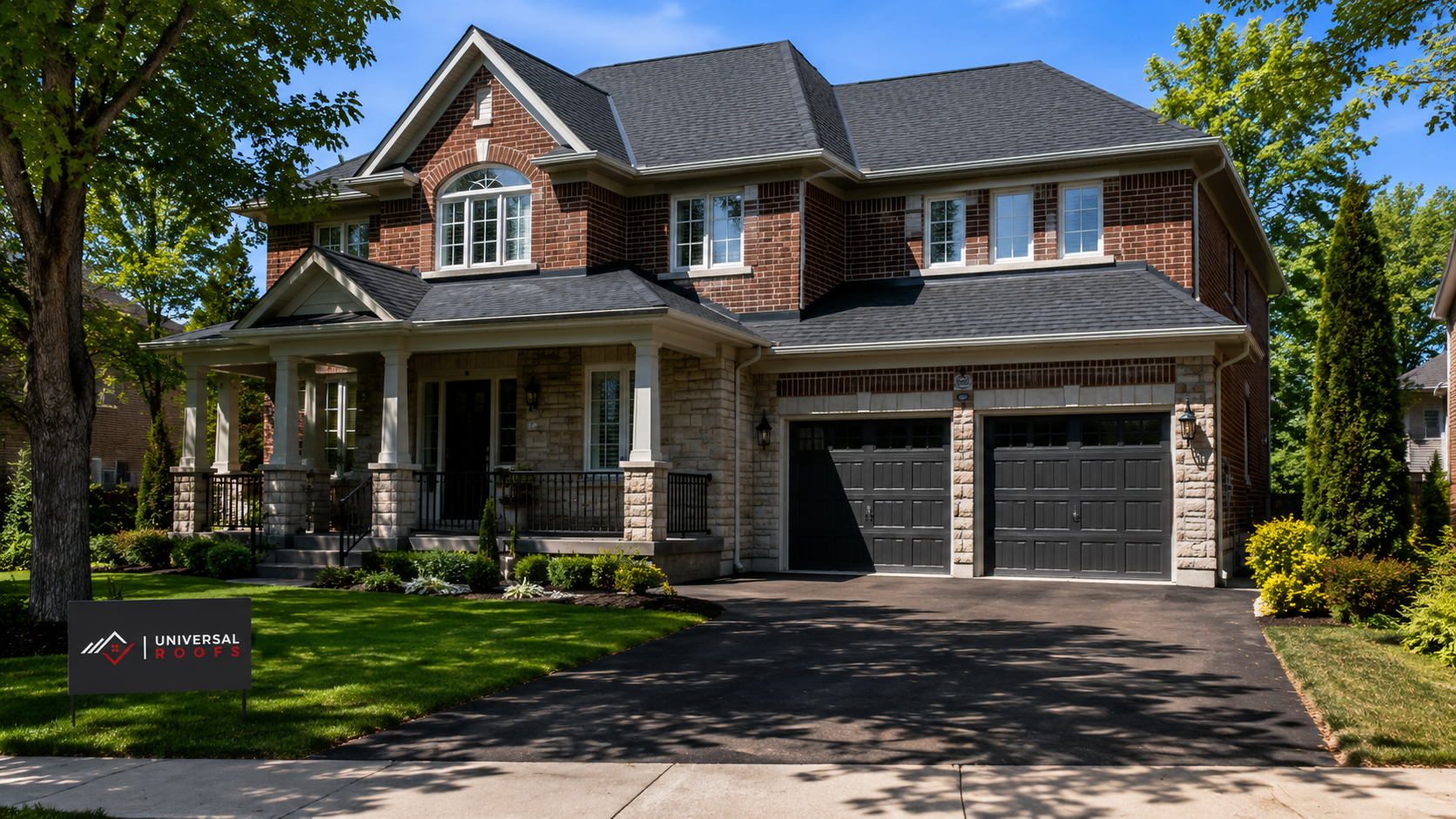 Freshly completed asphalt shingle roofing on a York Region two-storey suburban home in summer