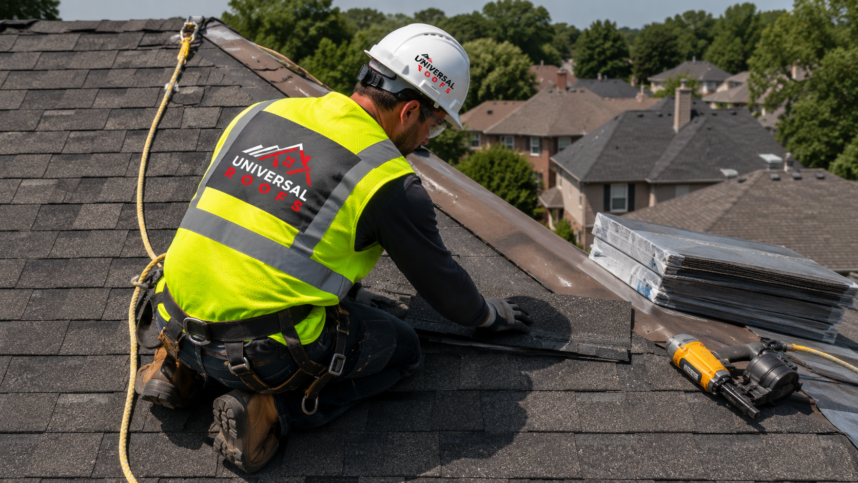 Roofer in full safety gear installing architectural shingles during a York Region roofing project in summer