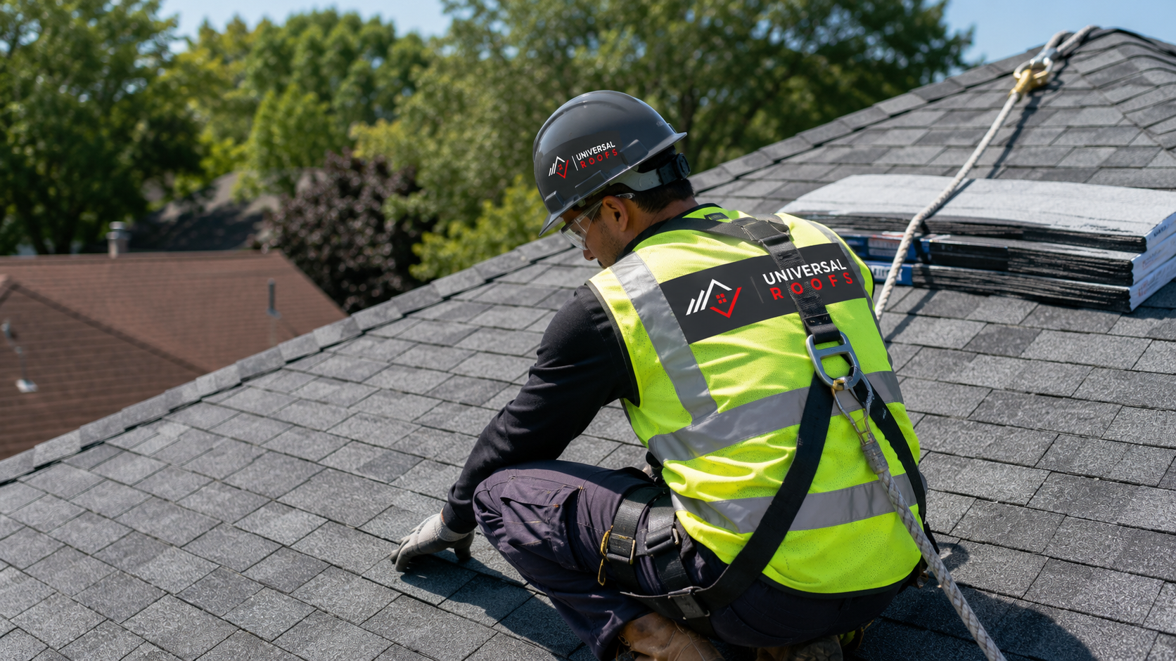 Roofer in full safety gear installing new shingles during a roof replacement in Markham on a summer day