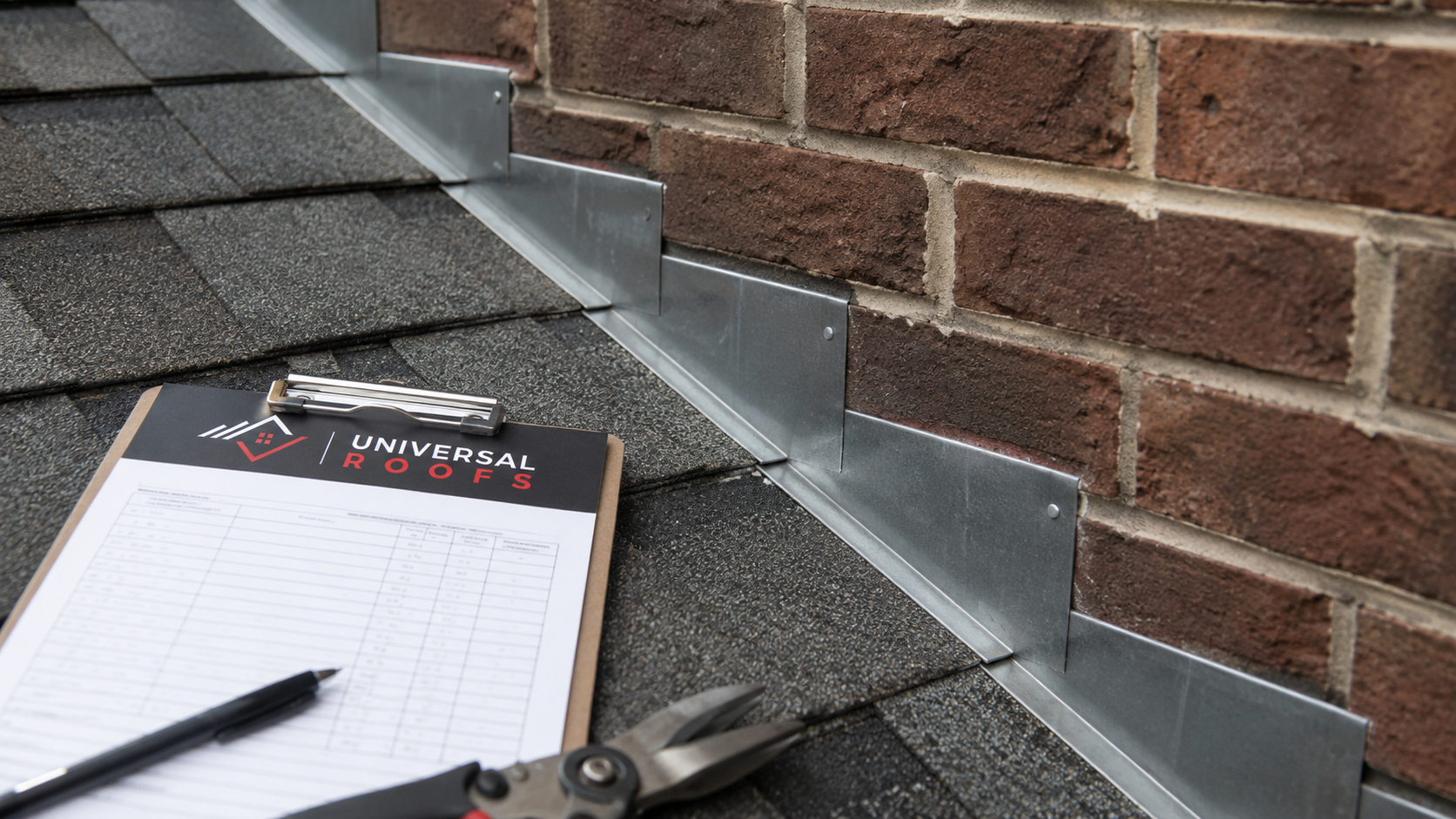 Close detail of new step flashing and shingle courses completed during roof repair in Vaughan