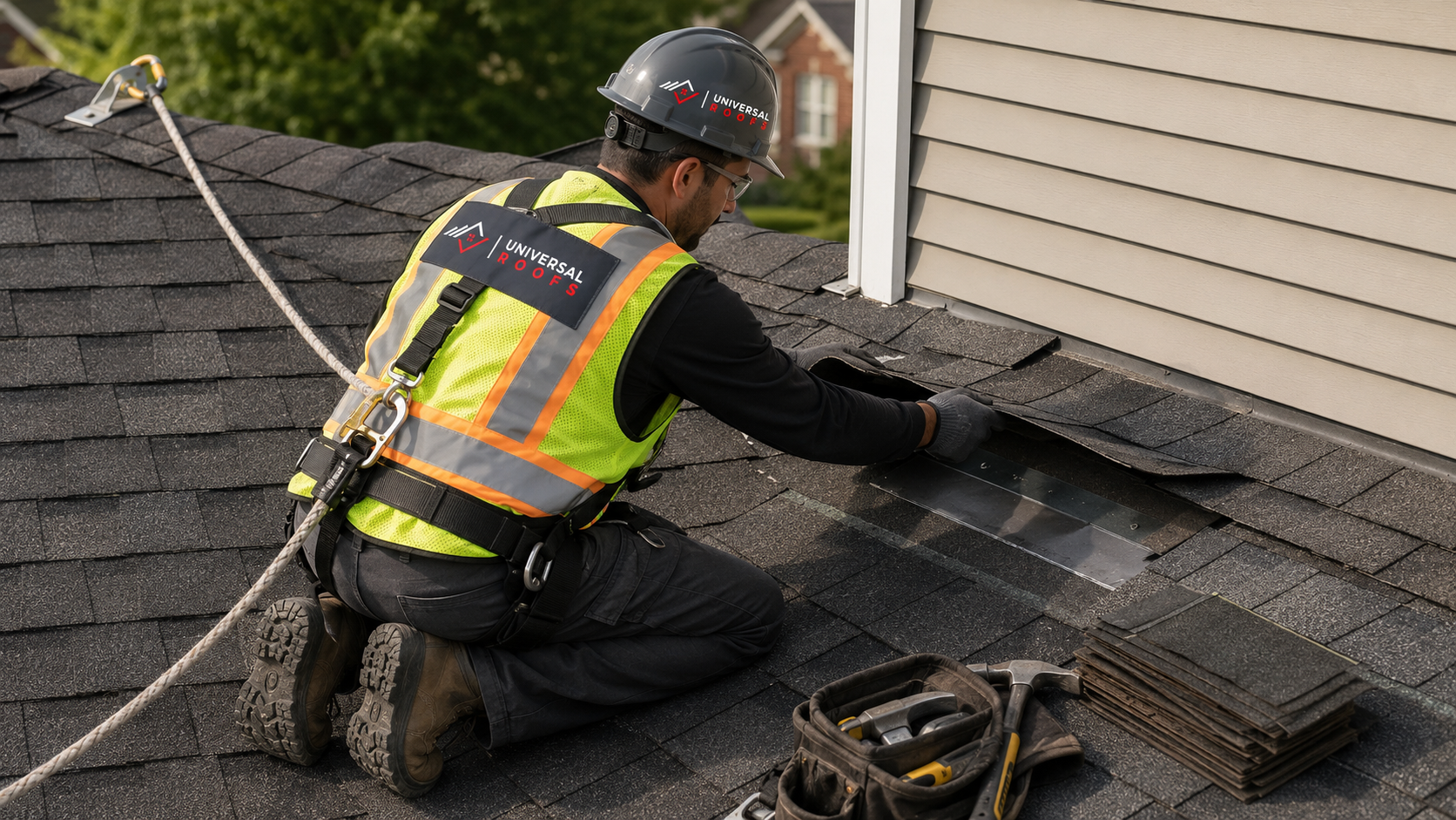 Roofer in full safety gear performing roof repair in Vaughan on a suburban asphalt shingle roof