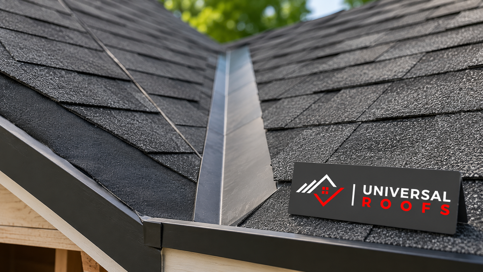 Close detail of new valley flashing and ice and water membrane after a roof replacement in Richmond Hill