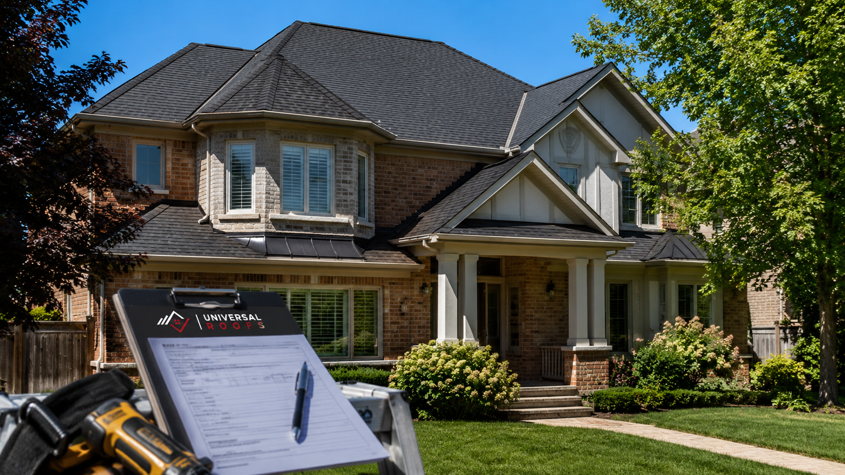 Completed asphalt shingle roof replacement in Richmond Hill on a two storey suburban brick home in summer