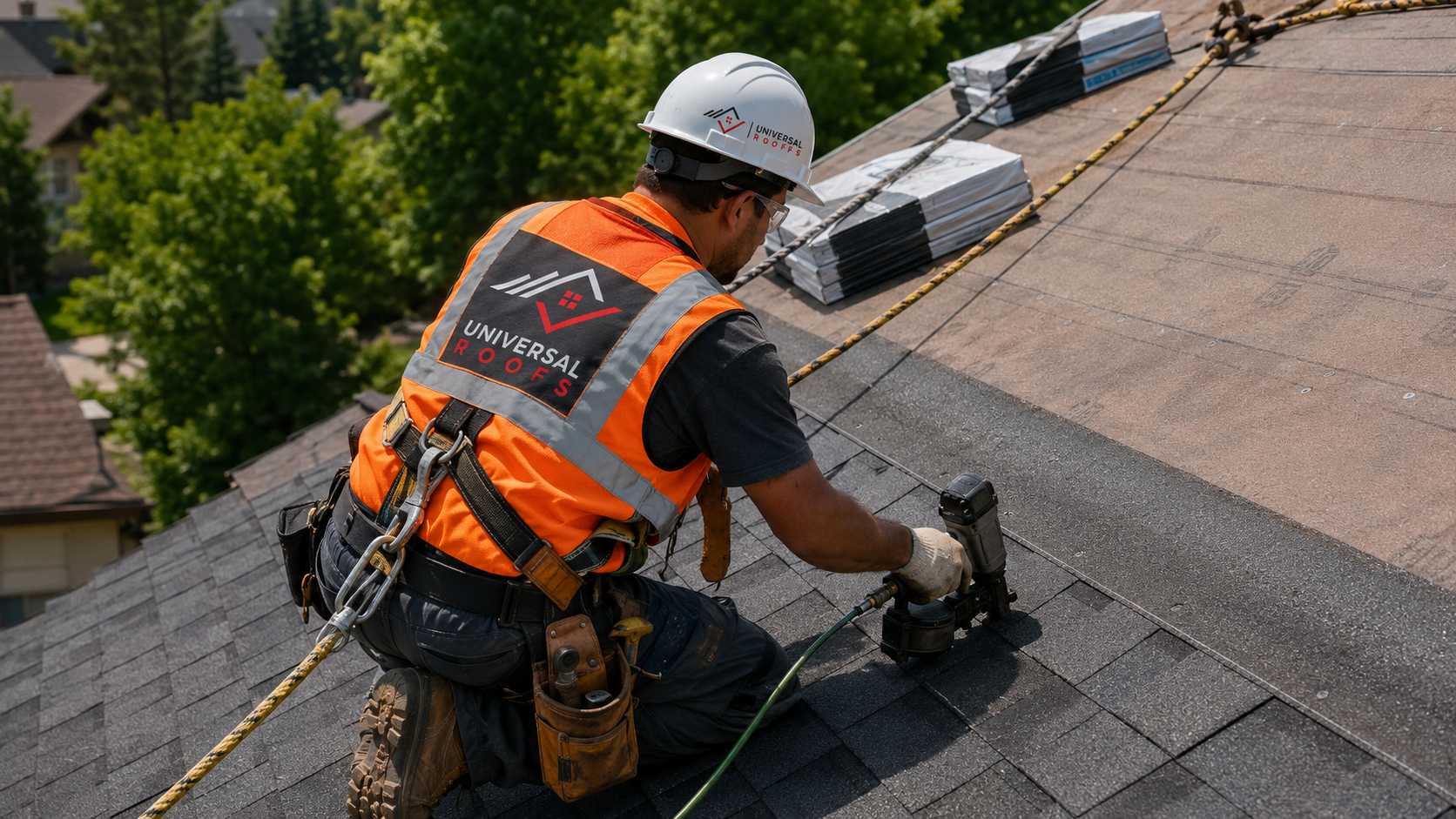 Roofer in full safety gear installing shingles during a roof replacement in Richmond Hill on a summer day