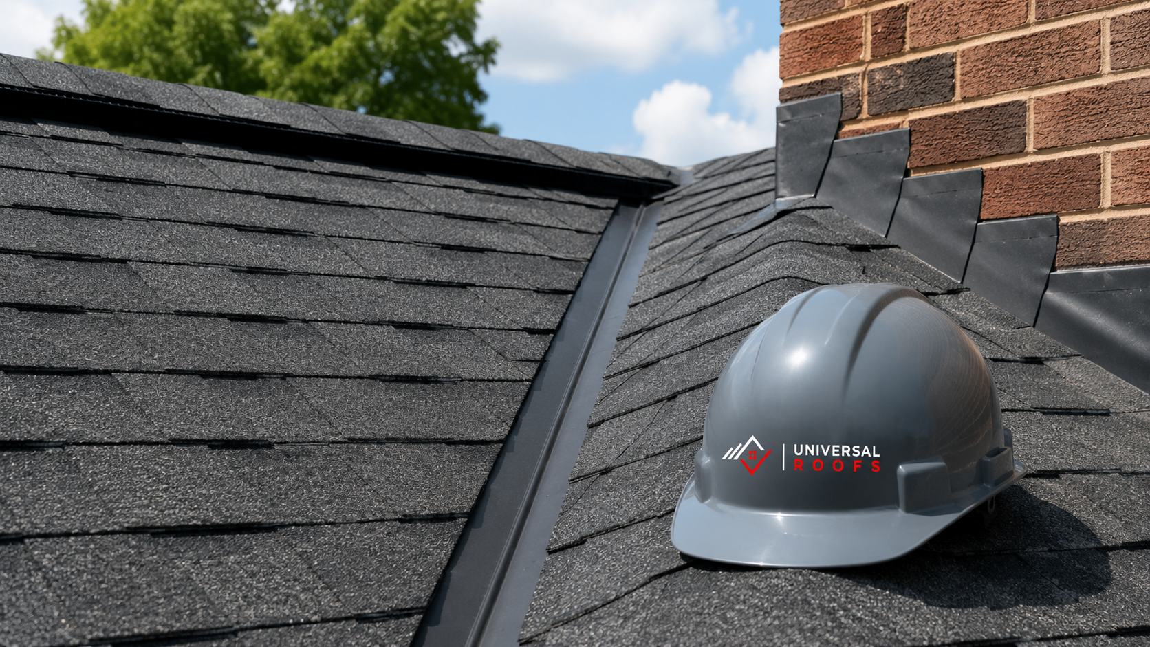 Close view of new shingles, valley flashing and ridge venting installed by roofing companies aurora homeowners trust
