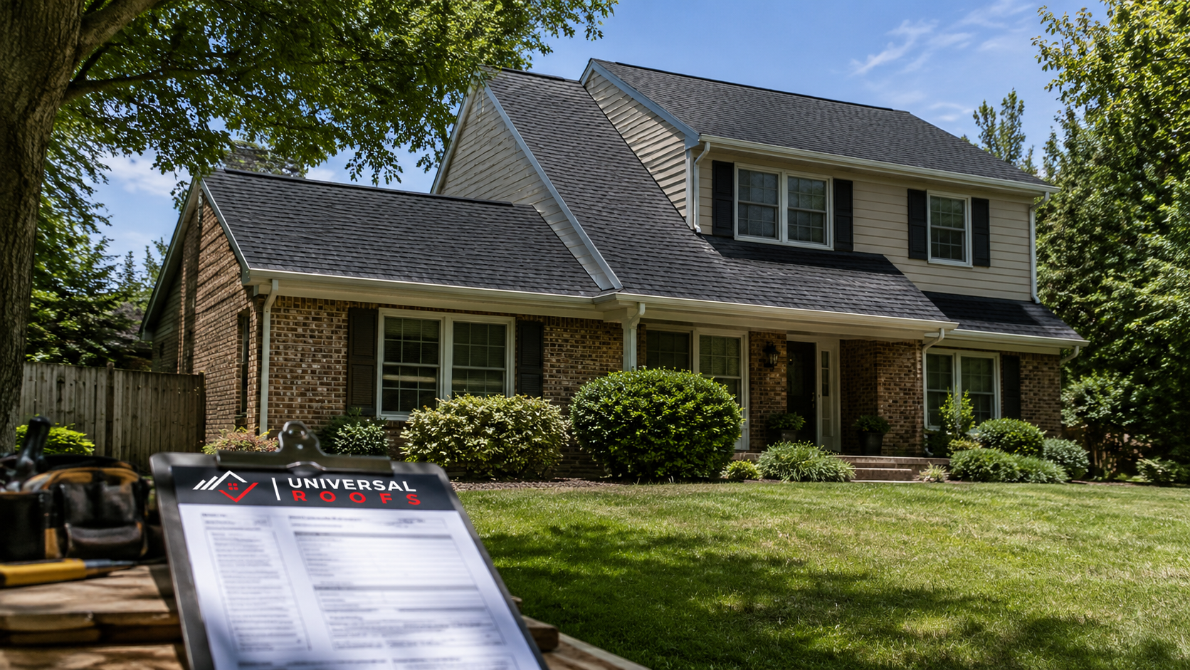 Two storey brick home in Aurora with a newly shingled roof, showing the work of roofing companies aurora homeowners hire